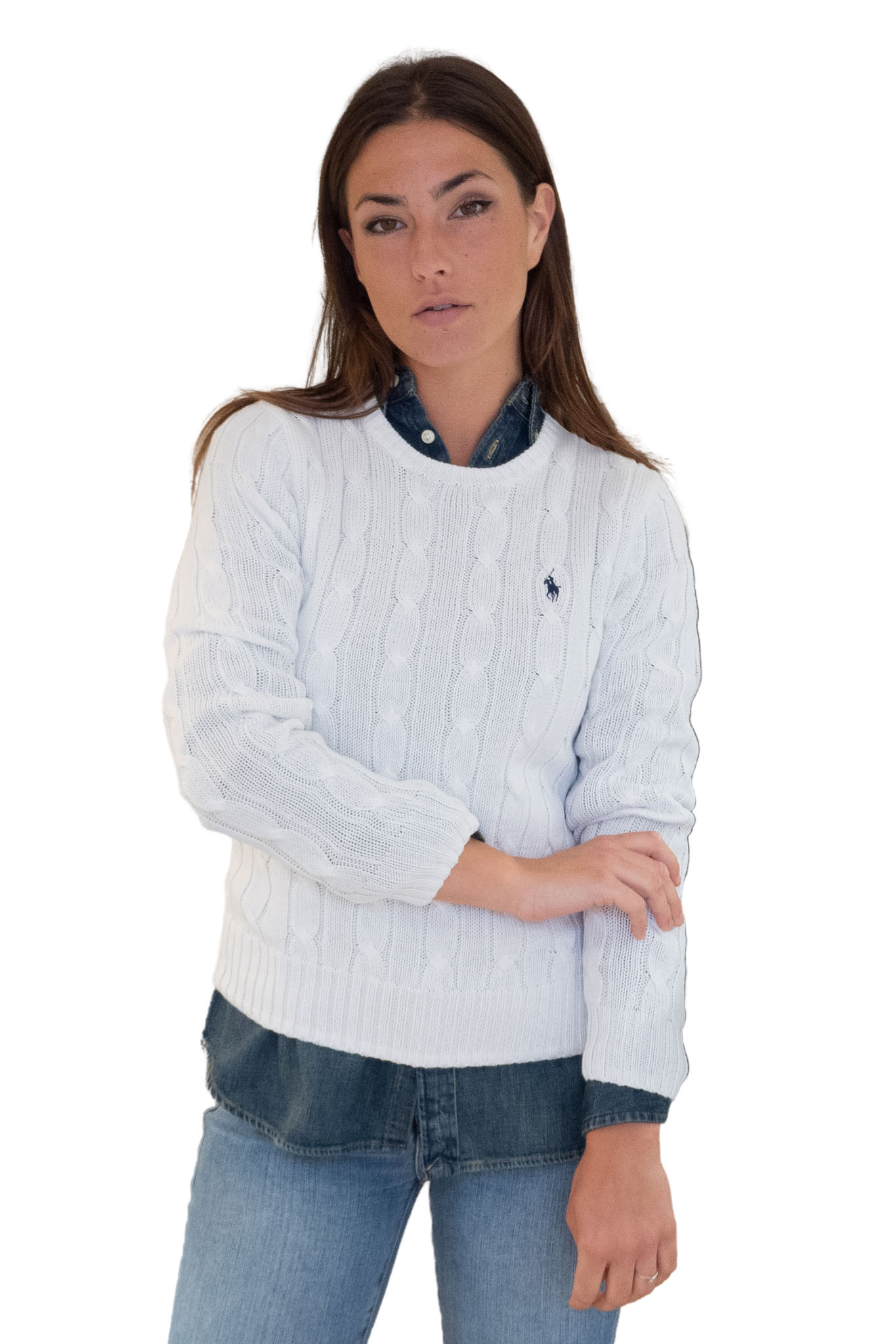 Maglia cotone a trecce bianca