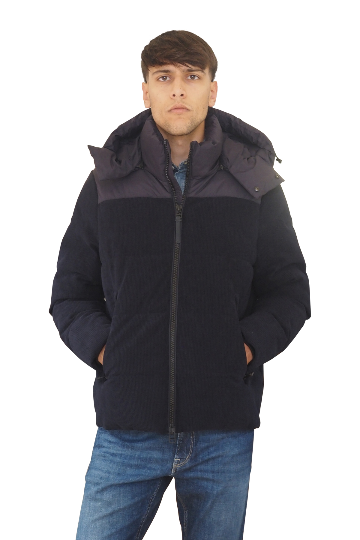 Piumino blu in velluto a costine