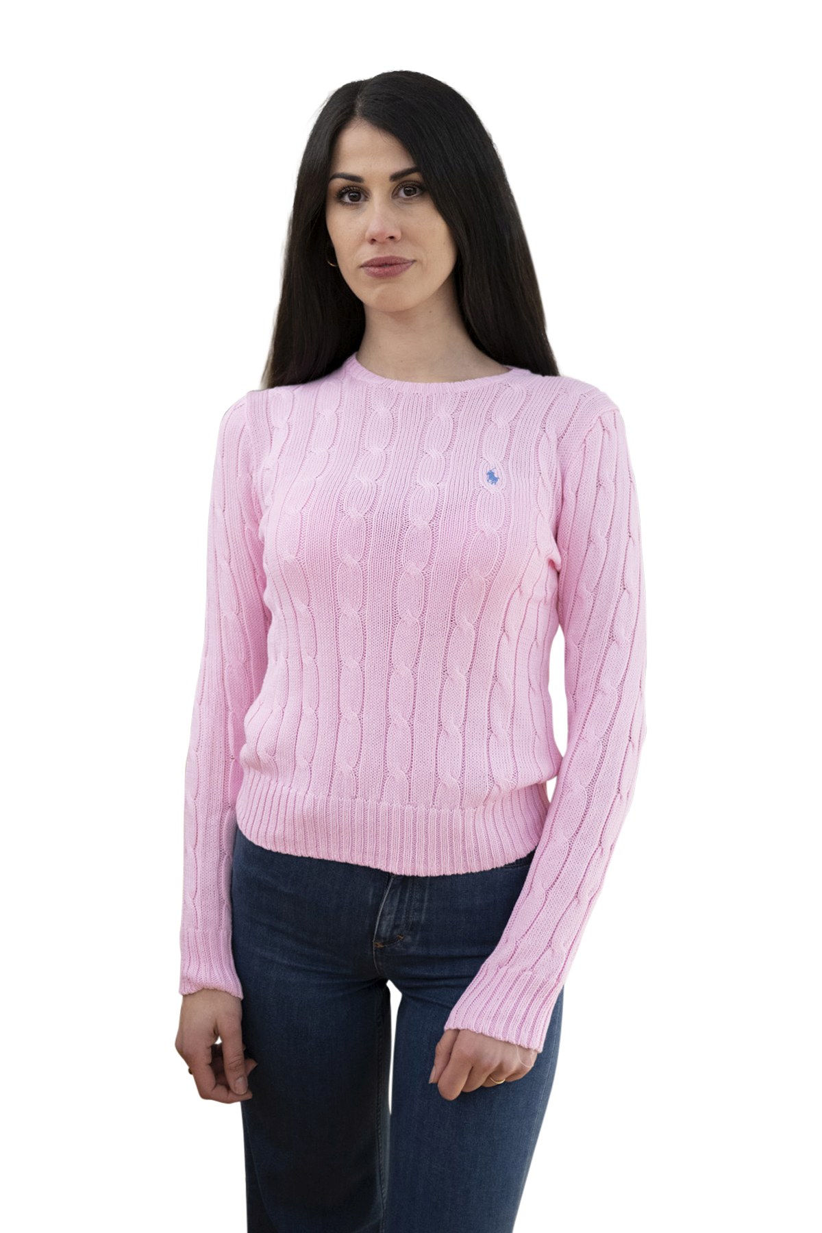 Maglia cotone a trecce rosa