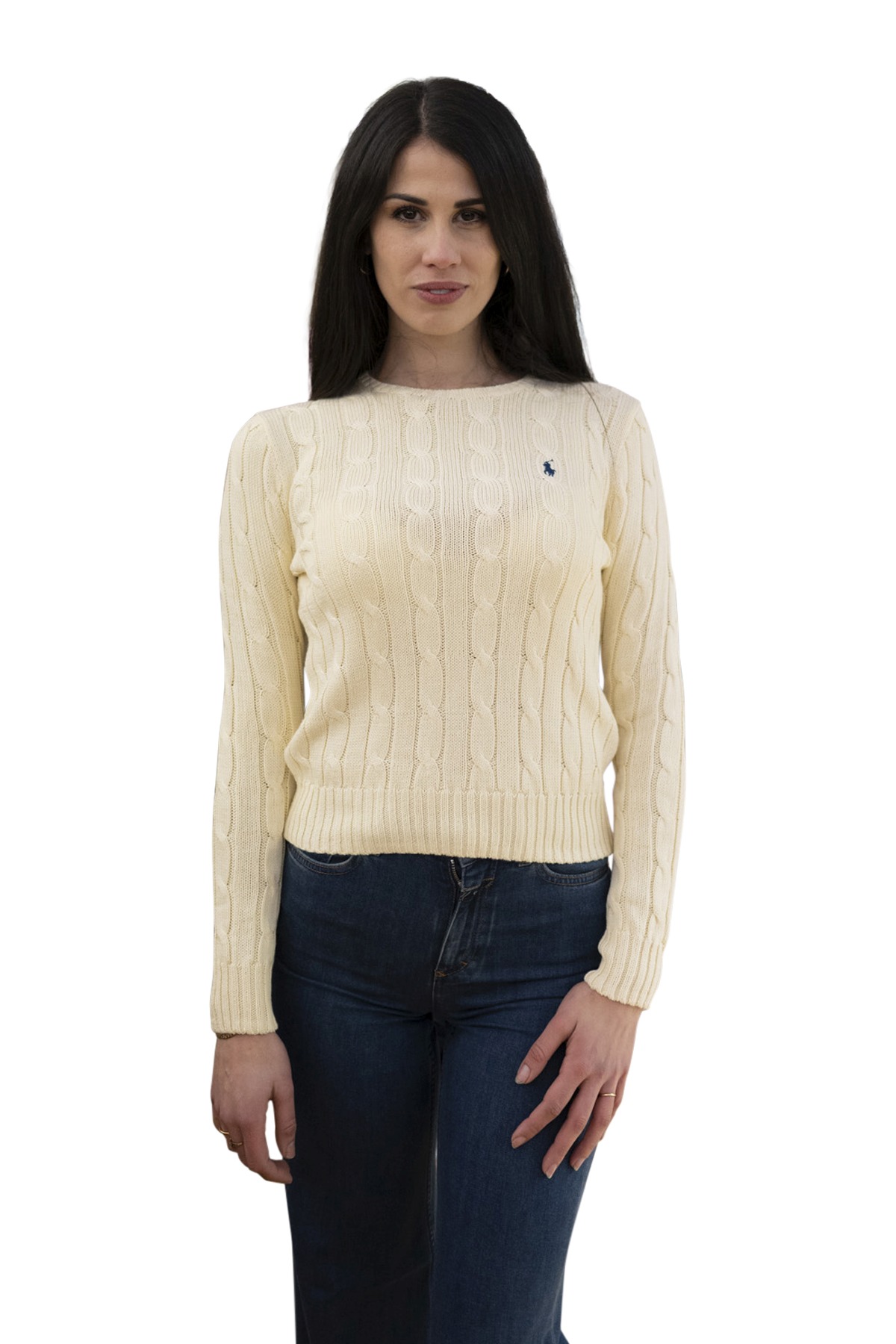 Maglia cotone a trecce panna