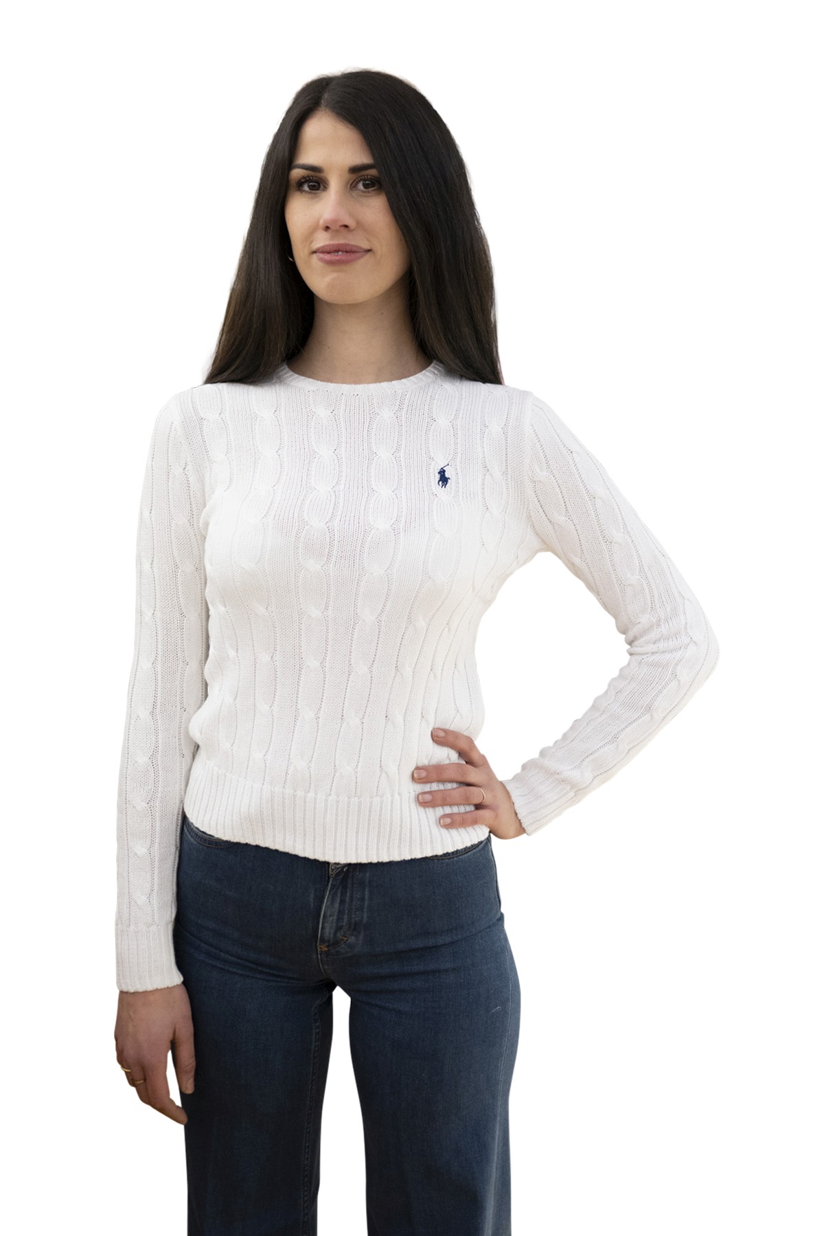 Maglia cotone a trecce bianca