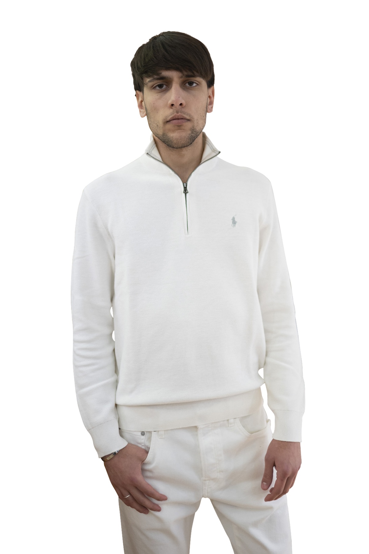 Maglia bianca mezza zip in piqué