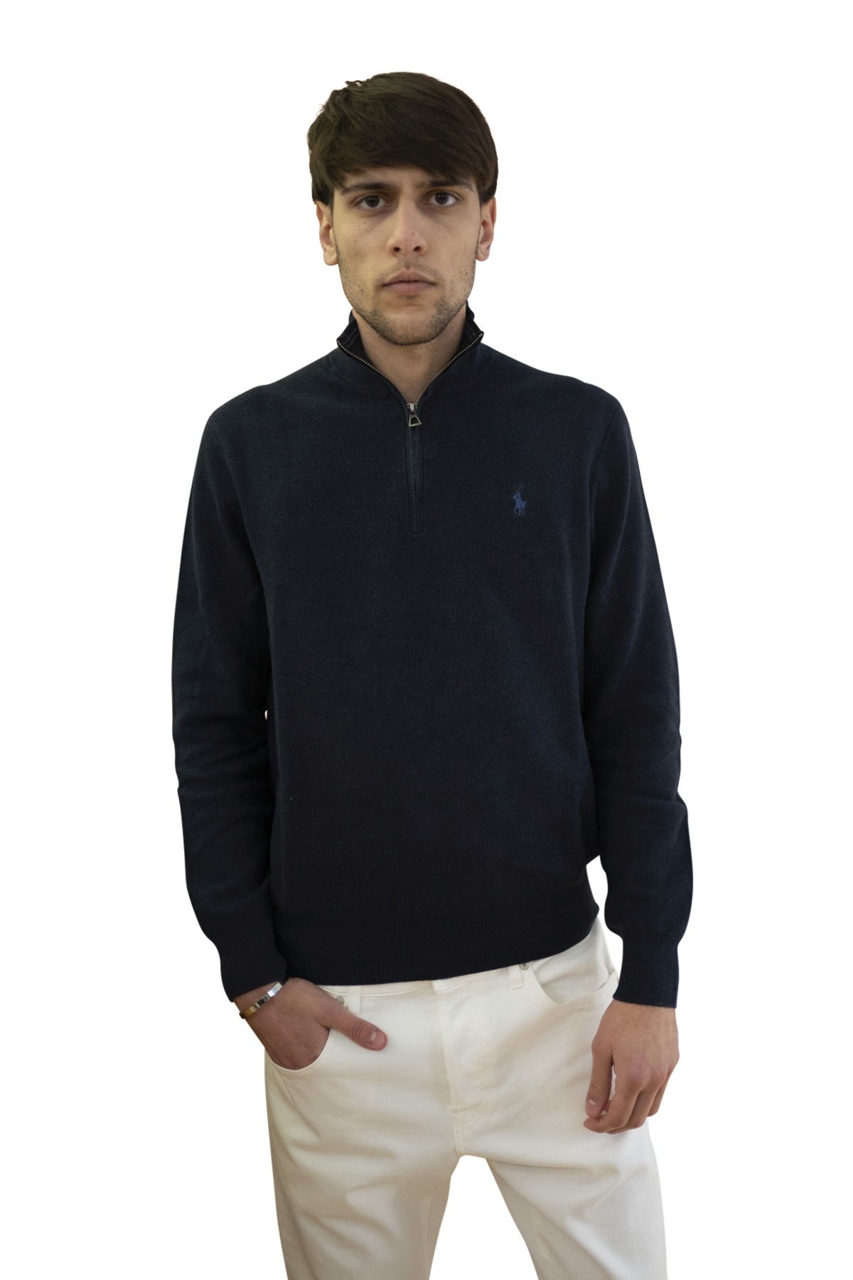 Maglia blu mezza zip in piqué