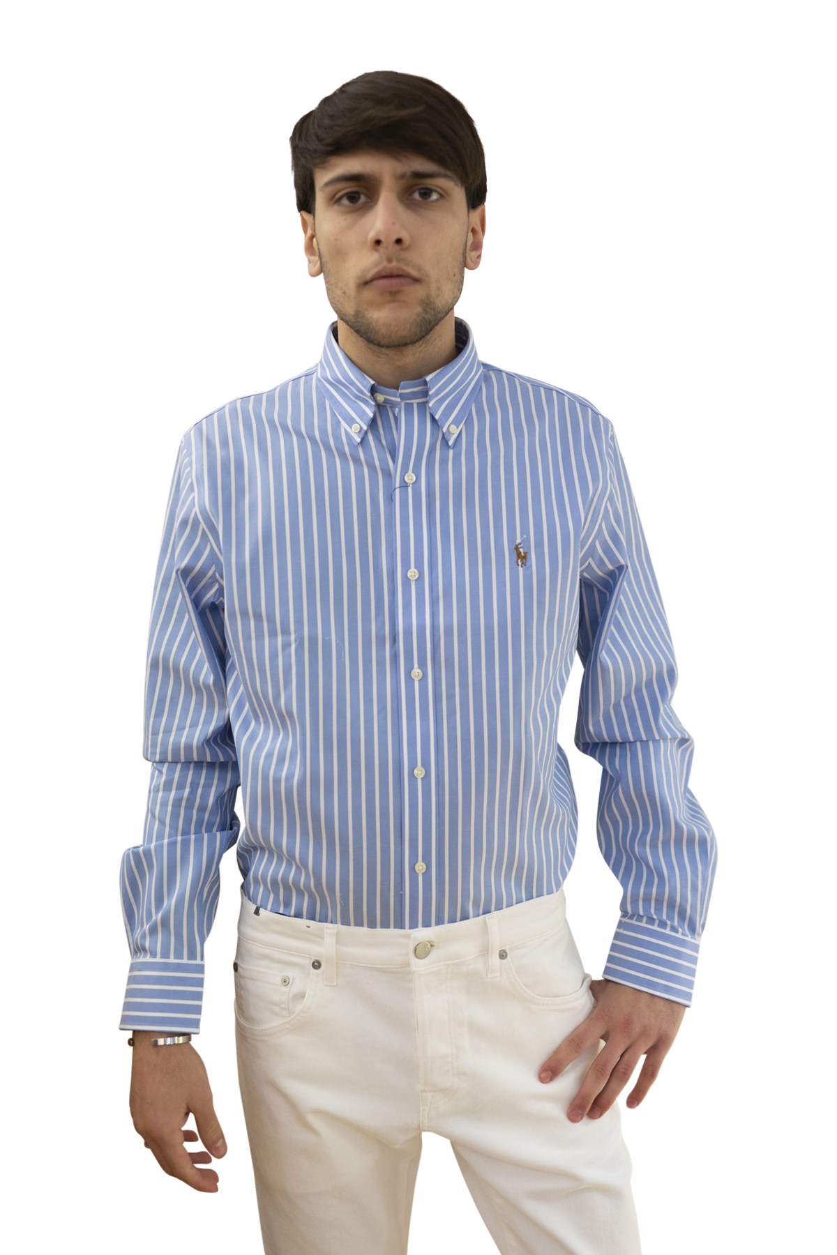 Camicia a righe larghe bianco e celeste