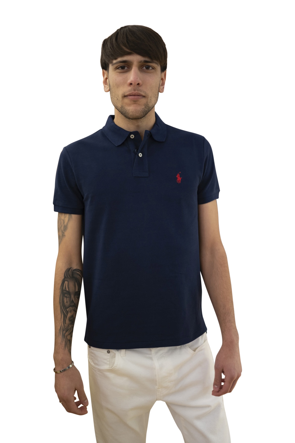 Polo blu manica corta slim-fit