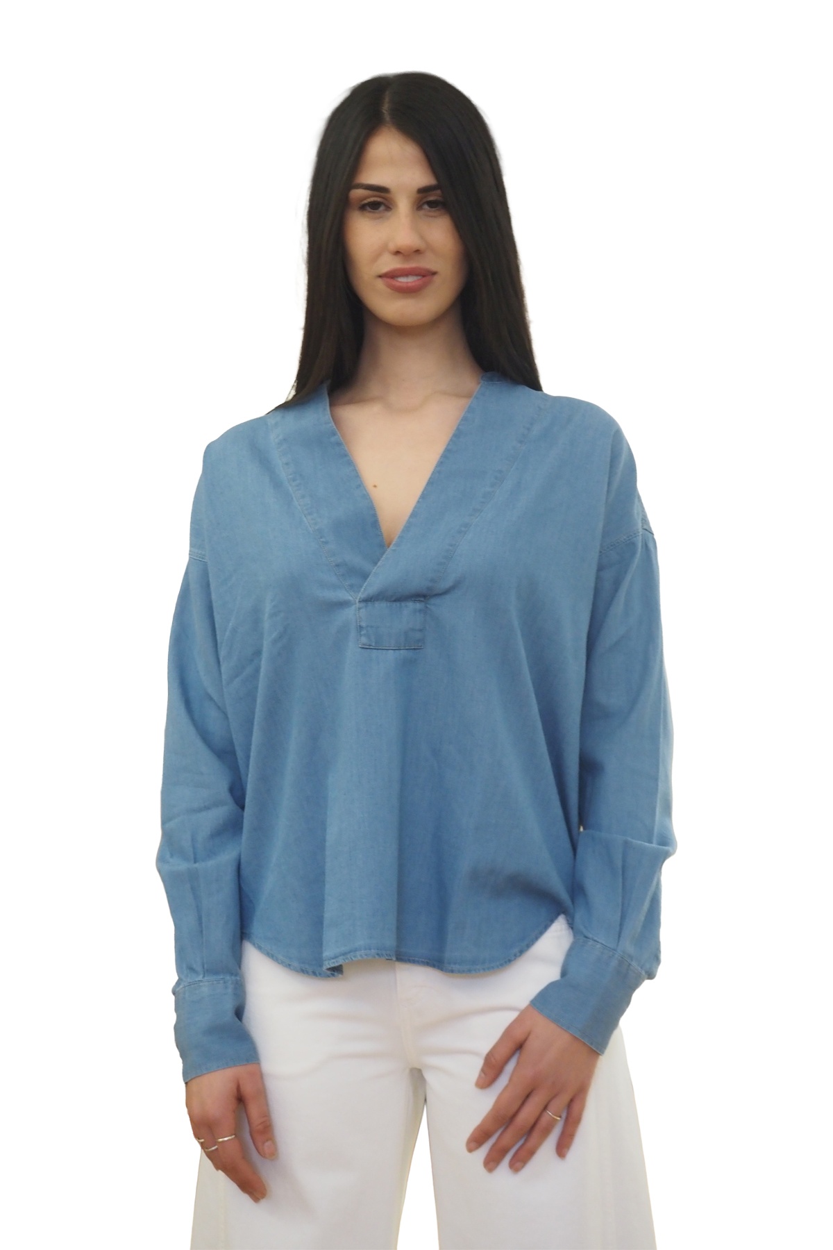 Camicia jeans senza collo