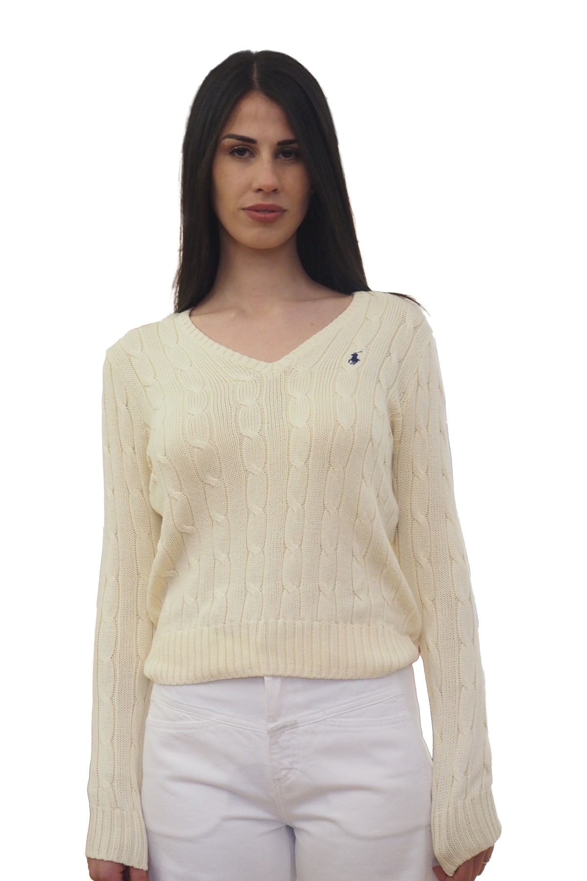 Maglia scollo a V in cotone panna