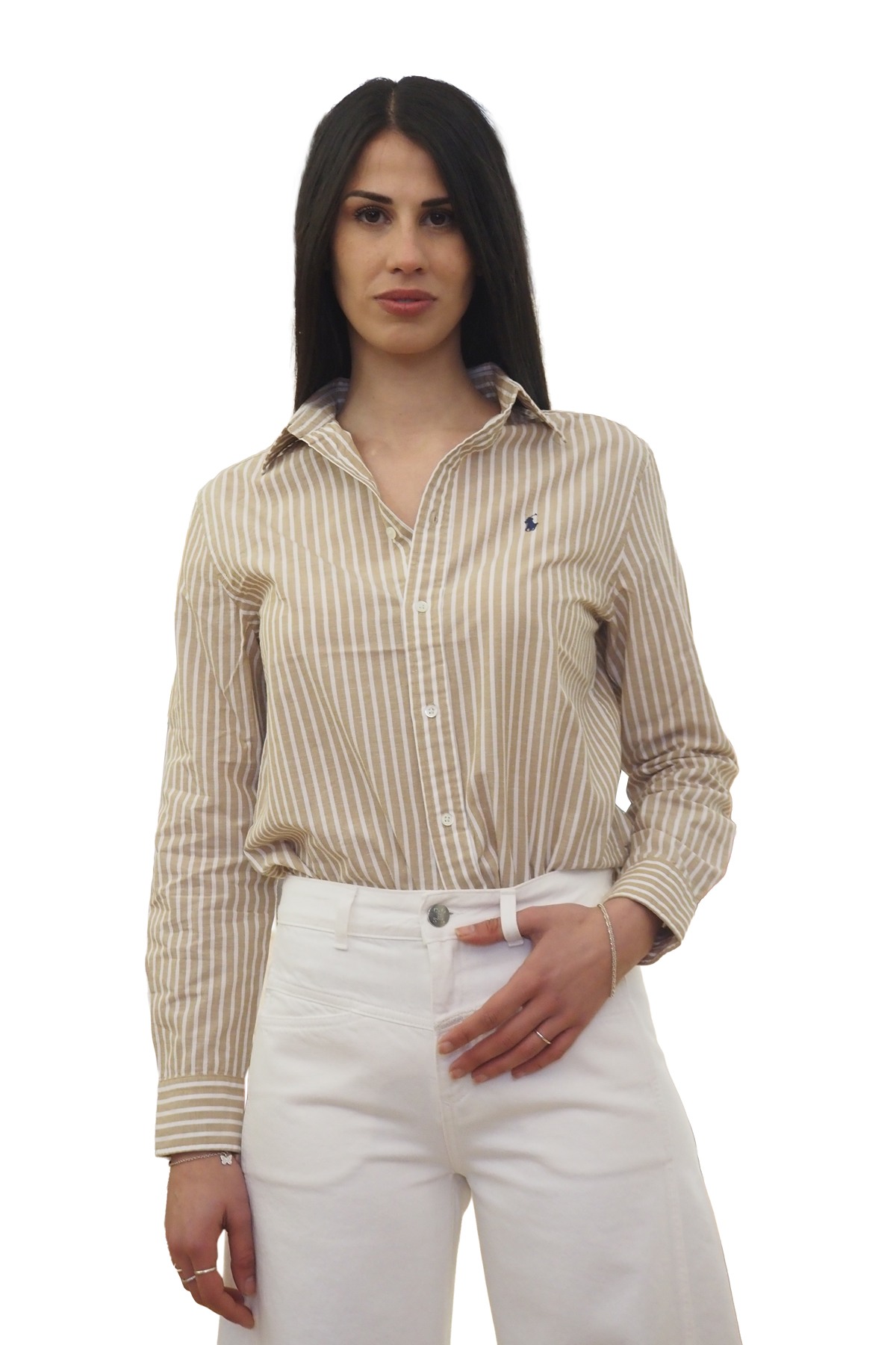 Camicia misto lino riga camel
