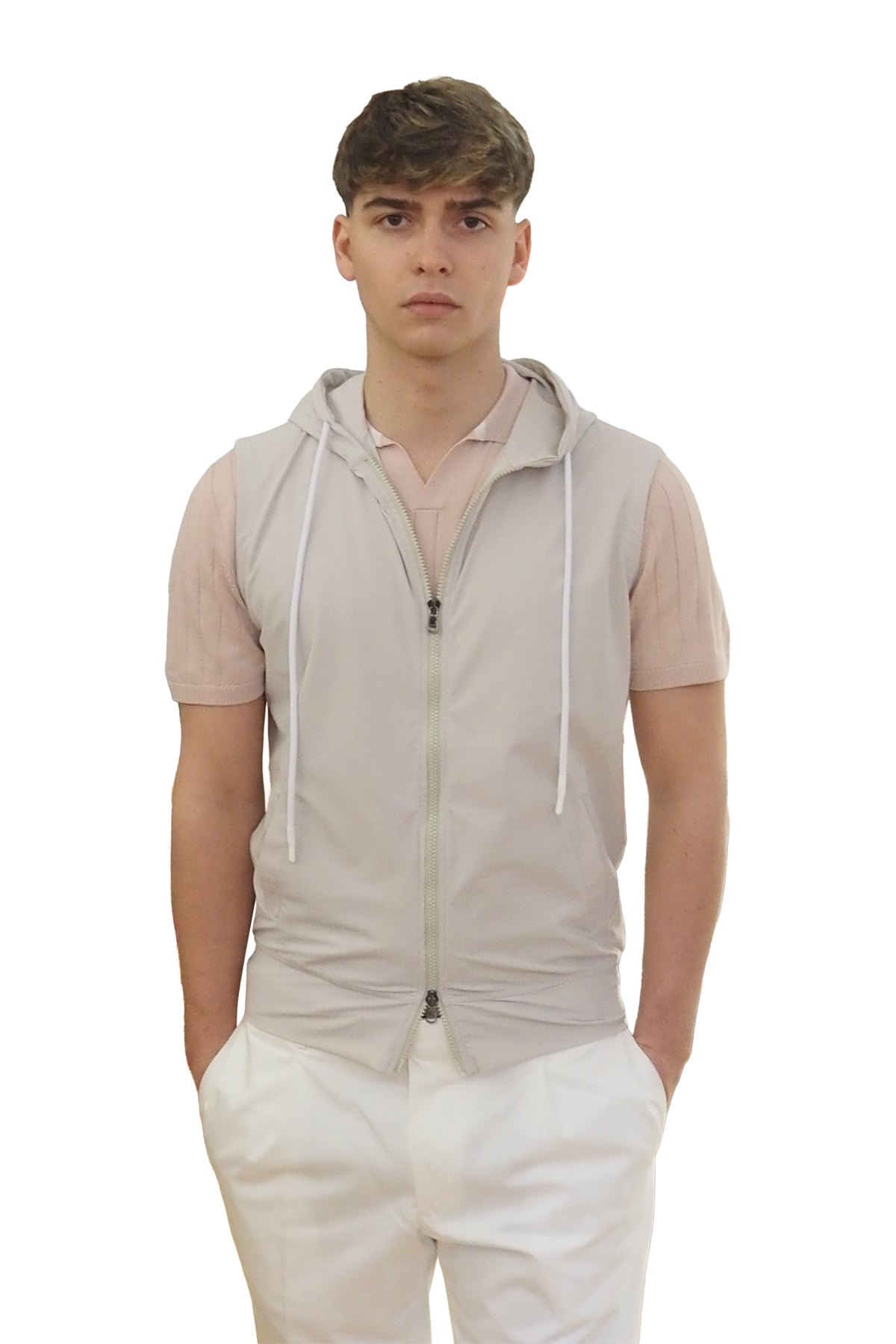 Gilet tecnico beige con cappuccio