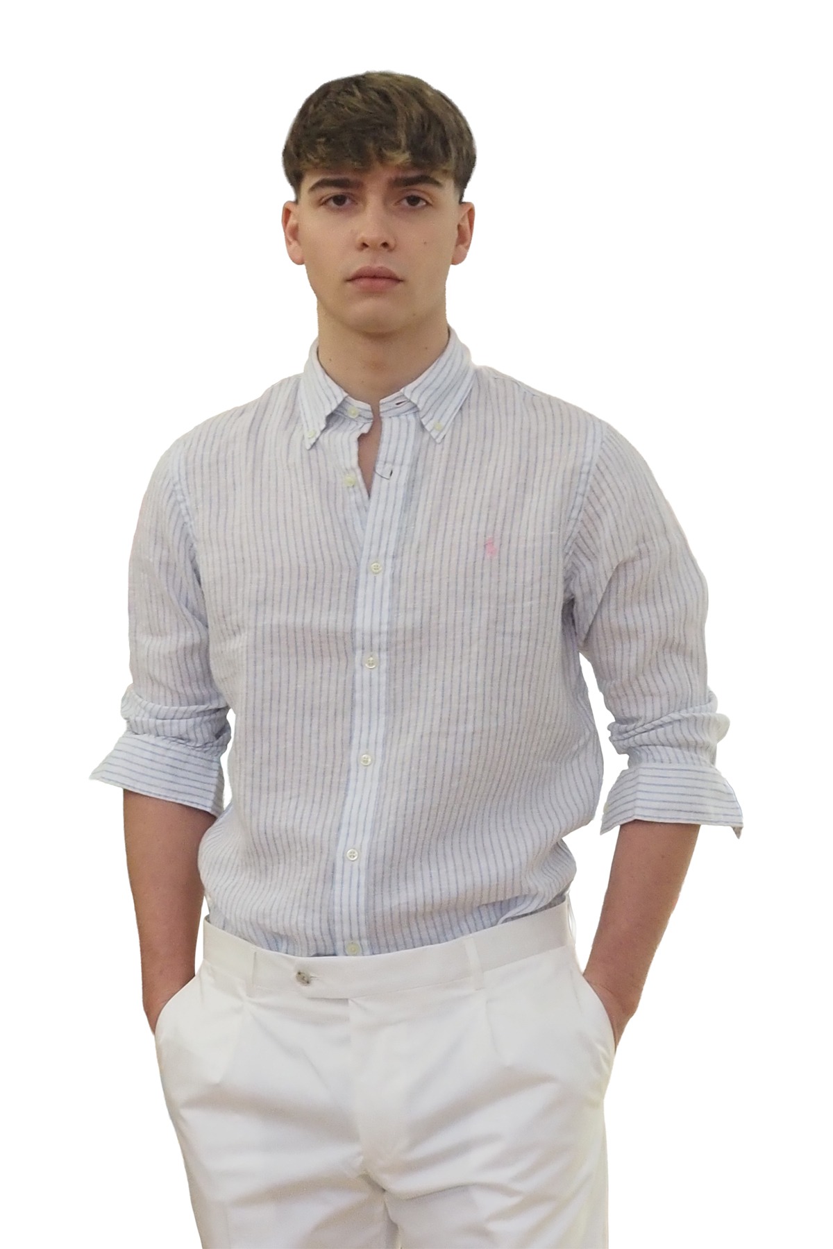 Camicia lino riga bianca e celeste