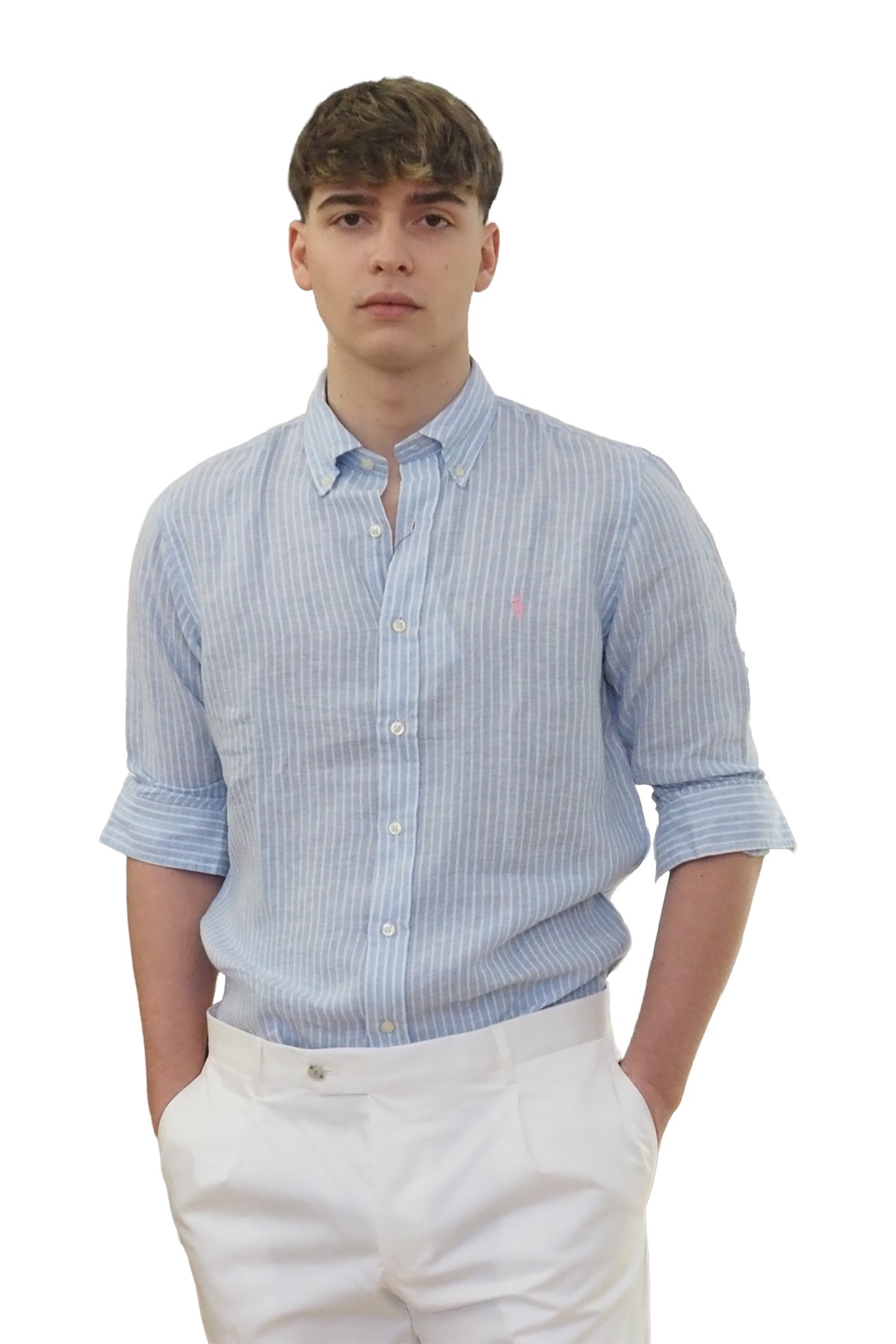 Camicia lino riga bianca e azzurra