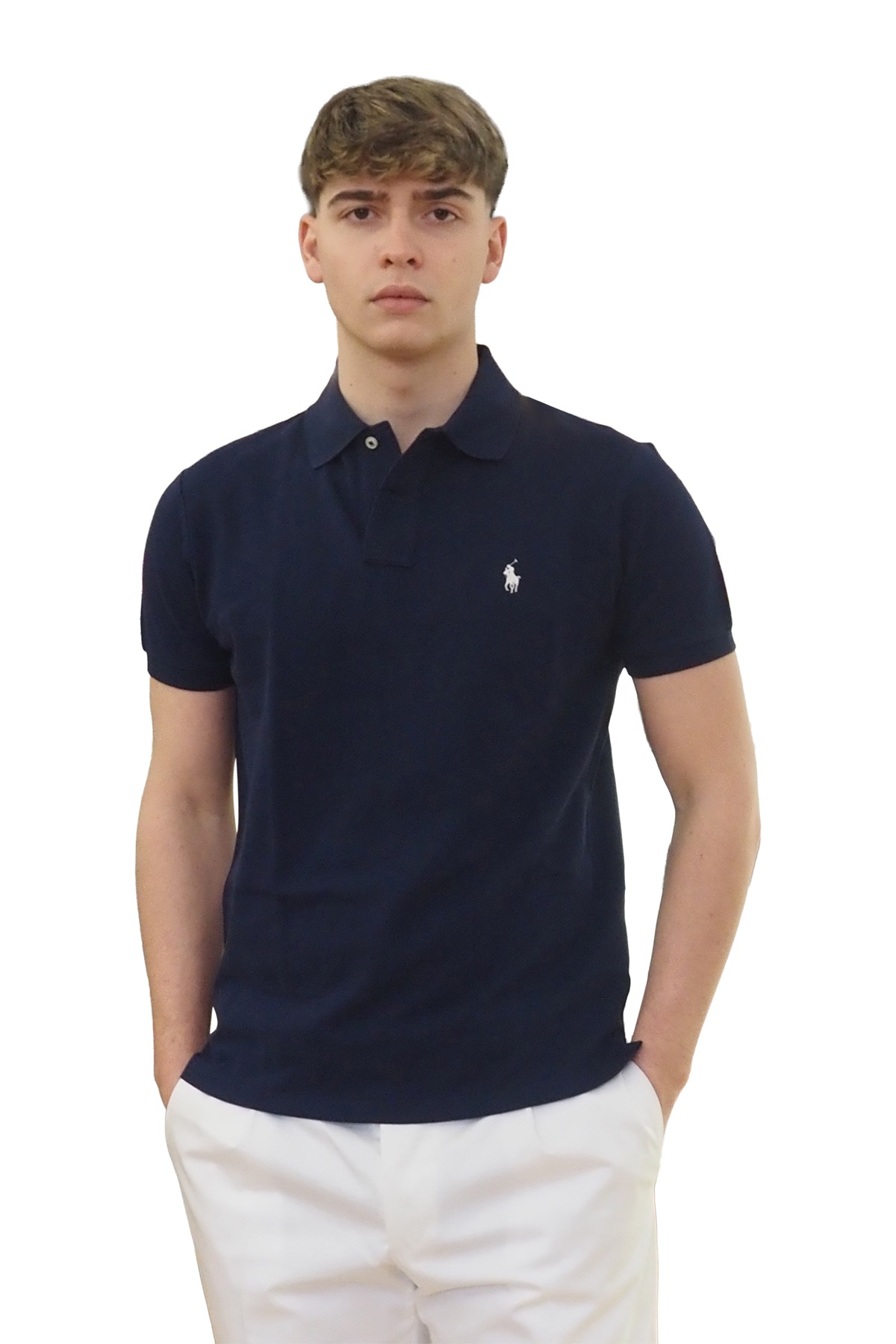 Polo manica corta blu cavallino bianco