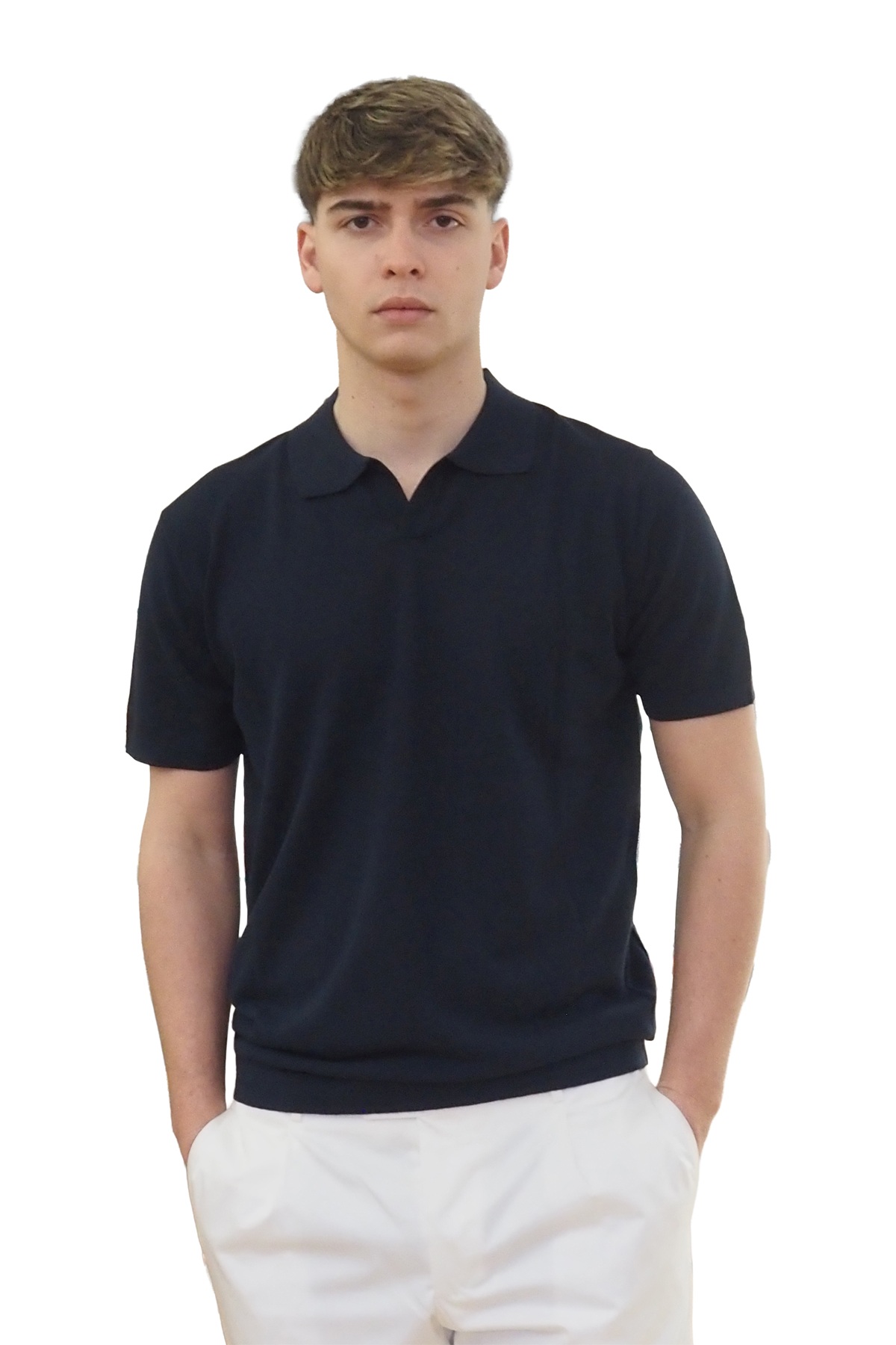 Polo blu in maglia senza bottoni